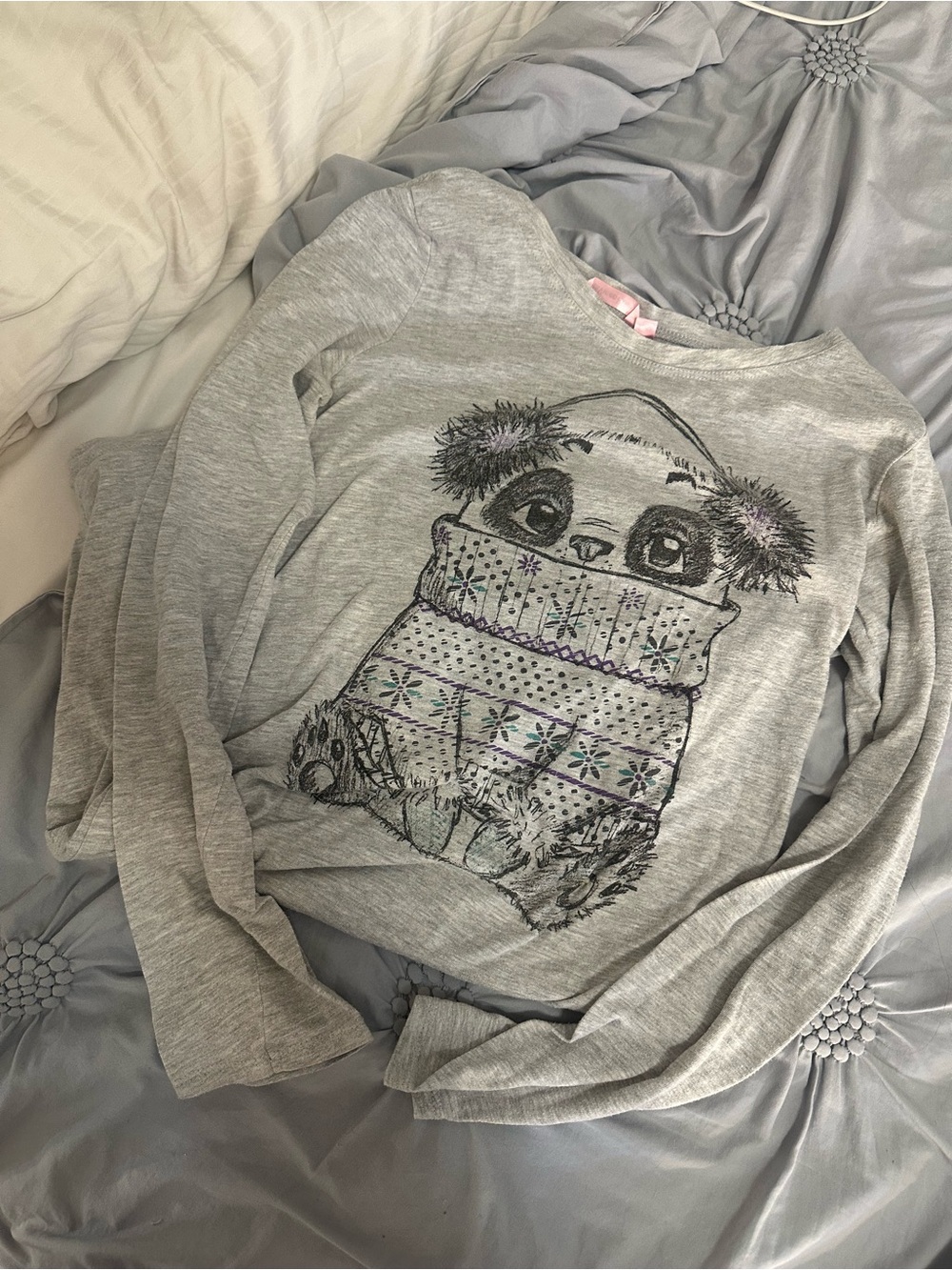 La Vie En Rose Gray Long-Sleeve Pajama Top/ dress with Puppy Graphic